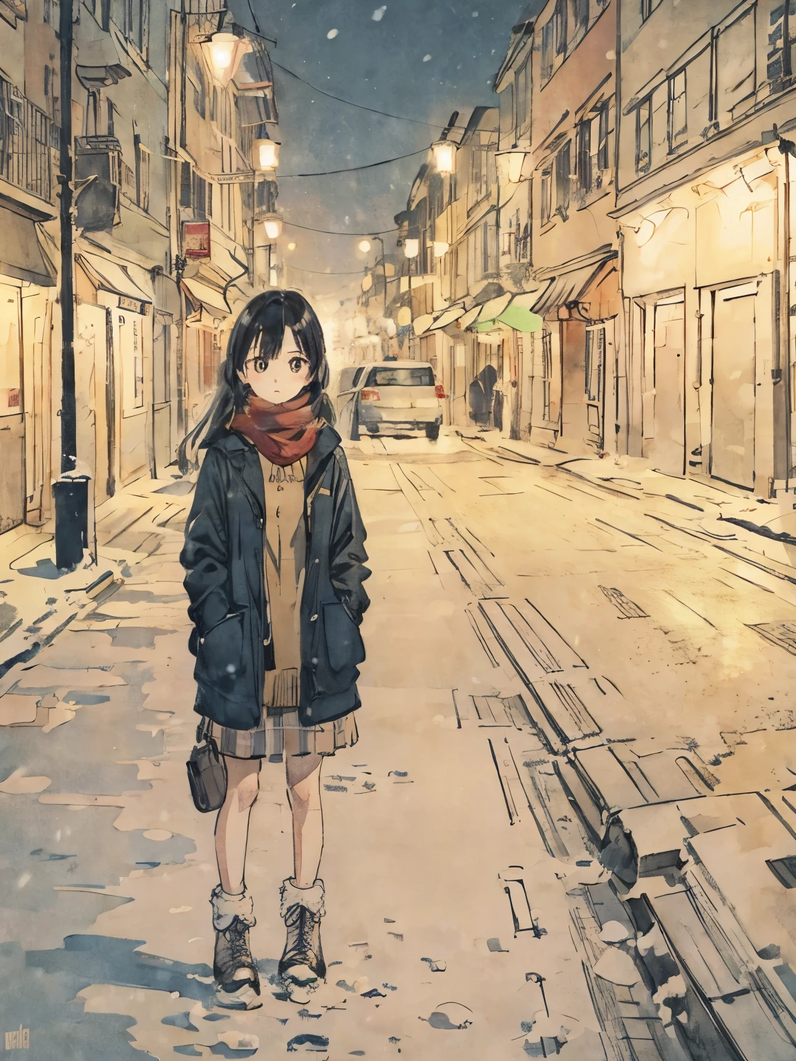 winter night、street light、girl waiting for someone、nostalgic、snow、Standing