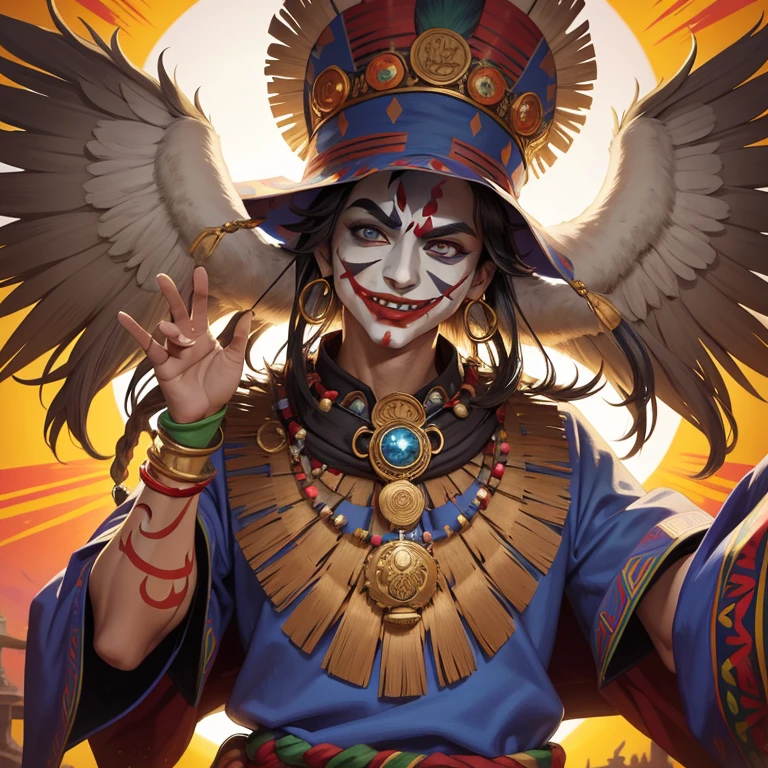 Aztec Native Joker, vibrant traditional attire, intricate Aztec patterns adorn his clothing, jester's hat with feathers, grinning mask revealing playful eyes, surely a character out of a folklore tale, dynamic lighting, sun setting behind him casts golden rays on his proud figure, detailed body paint, every line and shape capturing the essence of his culture, playful and full of life, expressive face, sharp focus, realistic textures, brings the ancient spirit to life, exquisite and elaborate, folklore and mythology come to life, masterwork, Best Quality, Ultra-detailed, Ultra-high resolution image, immersive and