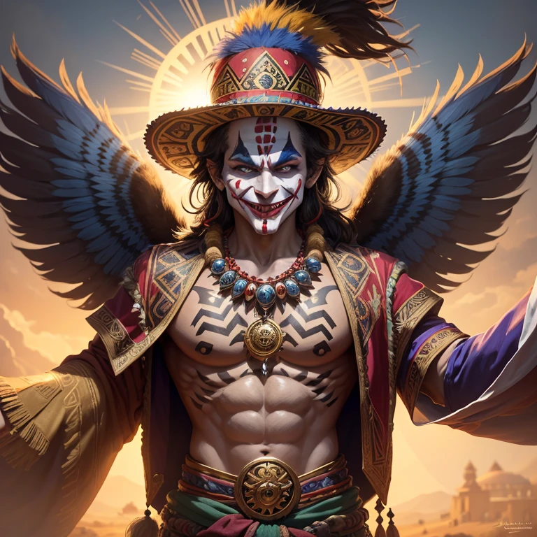 Aztec Native Joker, vibrant traditional attire, intricate Aztec patterns adorn his clothing, jester's hat with feathers, grinning mask revealing playful eyes, surely a character out of a folklore tale, dynamic lighting, sun setting behind him casts golden rays on his proud figure, detailed body paint, every line and shape capturing the essence of his culture, playful and full of life, expressive face, sharp focus, realistic textures, brings the ancient spirit to life, exquisite and elaborate, folklore and mythology come to life, masterwork, Best Quality, Ultra-detailed, Ultra-high resolution image, immersive and