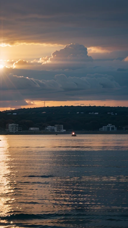 stunning sunset over a calm sea with sunrays shooting through clouds