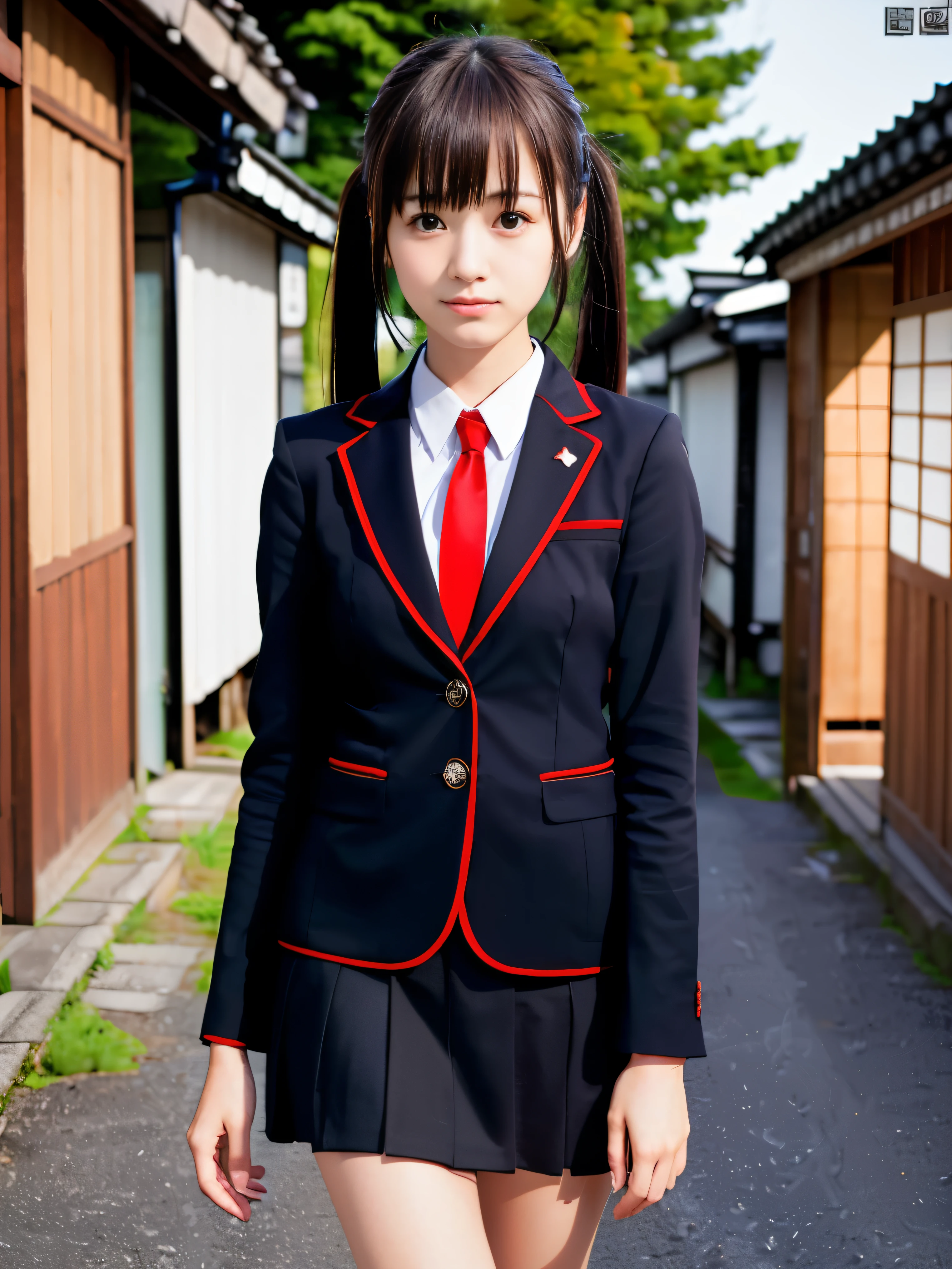 (Wearing a black blazer with a red-trimmed collar、With slender small breasts、Close-up of the face of one girl with bangs between her eyes and long chestnut-colored pigtails wearing a black skirt:1.5)、(the girl has brown eyes、Walking down a country road in Japan with a small smile on my face:1.5)、(Black blazer and skirt with red-trimmed collar:1.5)、(perfect anatomy:1.3)、(full hand:1.3)、(full finger:1.3)、Photoreal、Raw photo、table top、highest quality、High resolution、delicate and beautiful、perfect face、beautiful and fine eyes、Fair skin、real human skin、((thin legs))