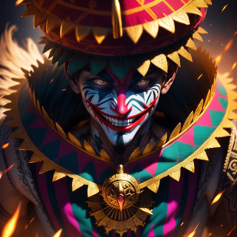 Aztec Native Joker, vibrant traditional attire, intricate Aztec patterns adorn his clothing, jester's hat with feathers, grinning mask revealing playful eyes, surely a character out of a folklore tale, dynamic lighting, sun setting behind him casts golden rays on his proud figure, detailed body paint, every line and shape capturing the essence of his culture, playful and full of life, expressive face, sharp focus, realistic textures, brings the ancient spirit to life, exquisite and elaborate, folklore and mythology come to life, masterwork, Best Quality, Ultra-detailed, Ultra-high resolution image, immersive and