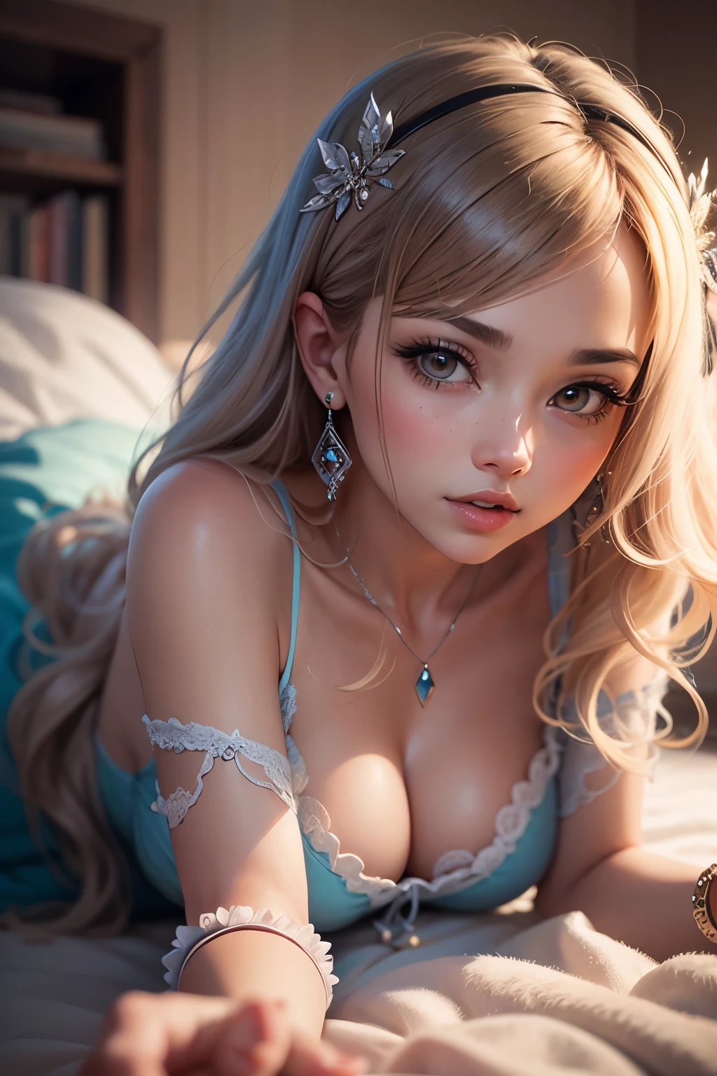 In the softly glowing evening light of a cozy bedroom setting, a feminine figure dressed in an elegant gown exudes an air of allure. She adopts a playful crawling pose on the plush carpet, her determined gaze fixed on an unseen object in the room. Every detail of her intricately textured skin is illuminated in the softer hues of the video's 6.0 --s2, as if inviting viewers to explore each curve and contour with intimate eye contact. The flirtatious atmosphere heightens as the camera captures the intimate moment in a chibi-style animation.