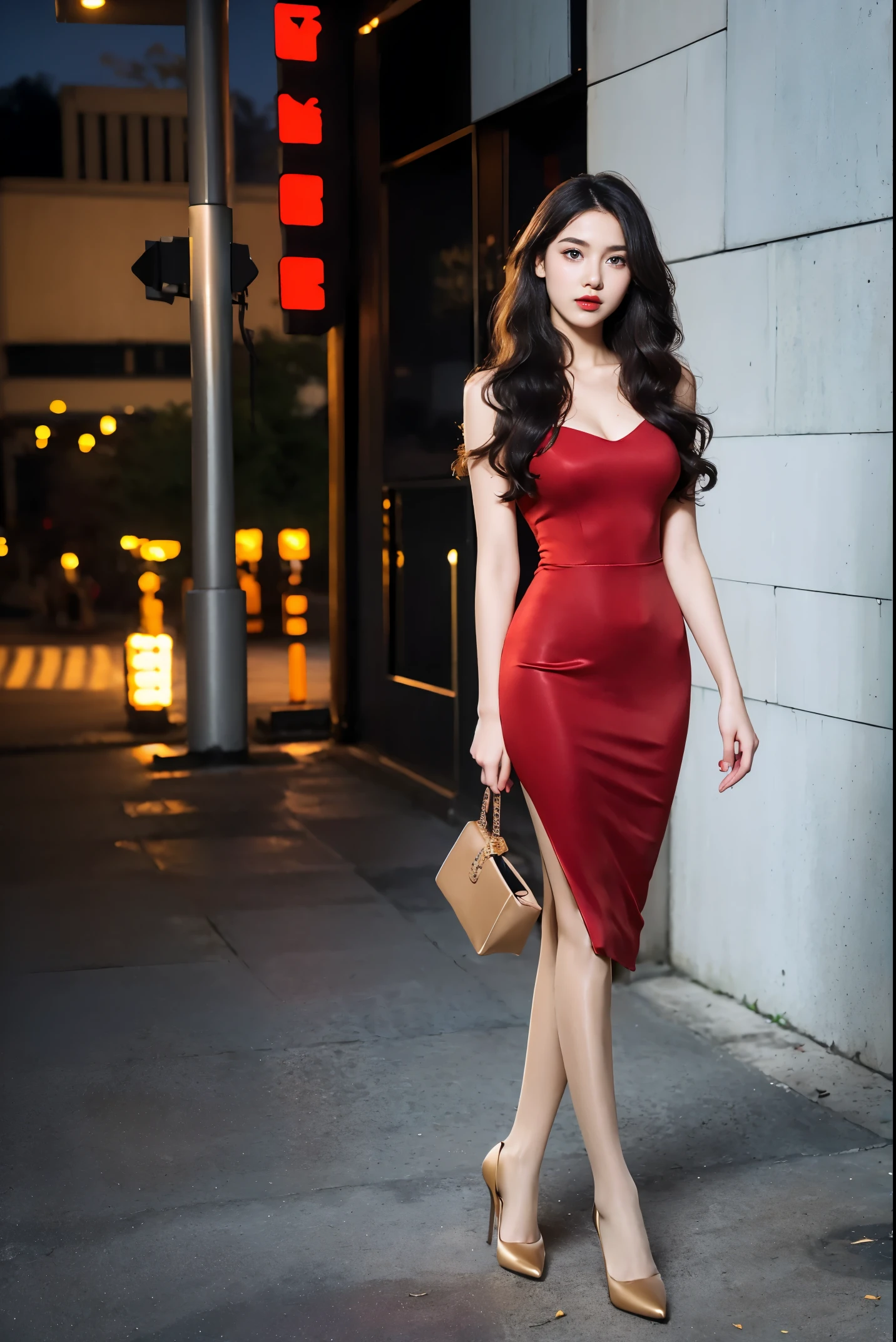 best quality, full body portrait, delicate face, pretty face, 16-year-old woman, slim figure, big bust, Rubber dress， exterior, High heel，wavy hair，on the street，big eyes，red lips，Heavy makeup，skin tone