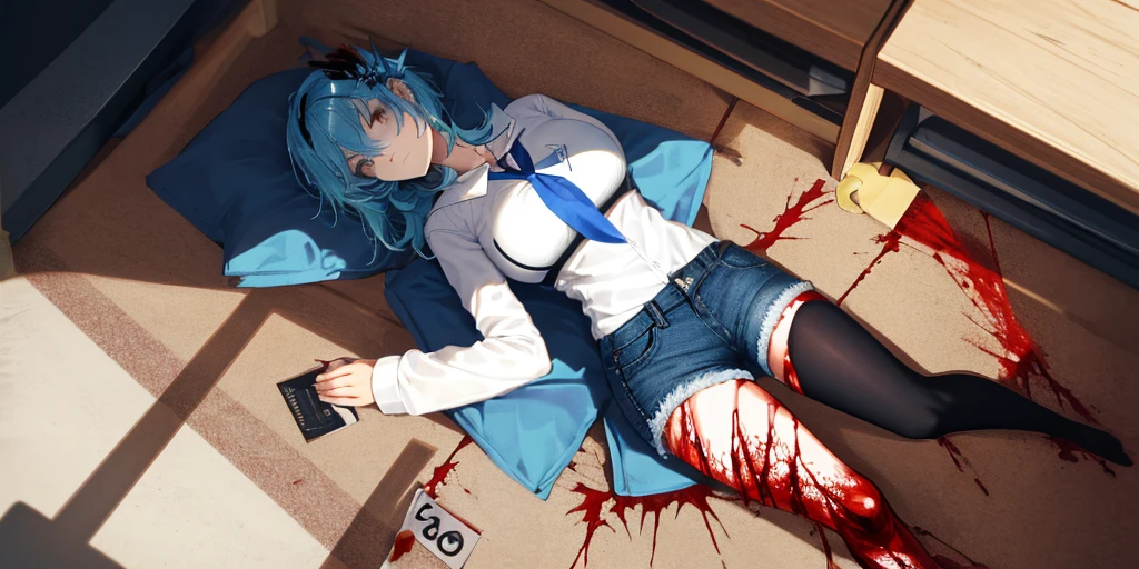 (Lie on the ground), 1 girl, alone, ((white shirt)), black knee socks, big breasts, cleavage, uniform, office background, ((Killed)), ((From above)), (cinematic lighting), dutch angle, ((Bloody ground)), ((Bloody Body)), (rape face), (((horror))), denim shorts, office, hair between eyes, large chest, blue hair, Blue short claws, alone, thick thighs, ((masterpiece)), name tag, id tag, indoor, golden hair clip, ((adult women)), ((tall))