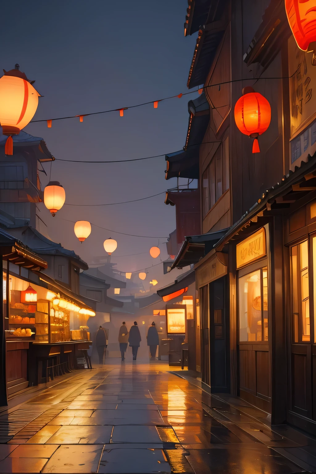 (best quality,4K,8k,high resolution,masterpiece:1.2),Super detailed,(actual,photoactual,photo-actual:1.37), night, Uninhabited streets, The shop is filled with red Chinese lanterns, Chinese style cityscape, traditional architecture, Quiet atmosphere, warm light, nostalgic feeling, traditional signboard, intricate details, bright colors, dim, soft shadow, cozy atmosphere, Traditional street food stall, haze in the air, misty night, Lanterns cast soft light, romantic setting