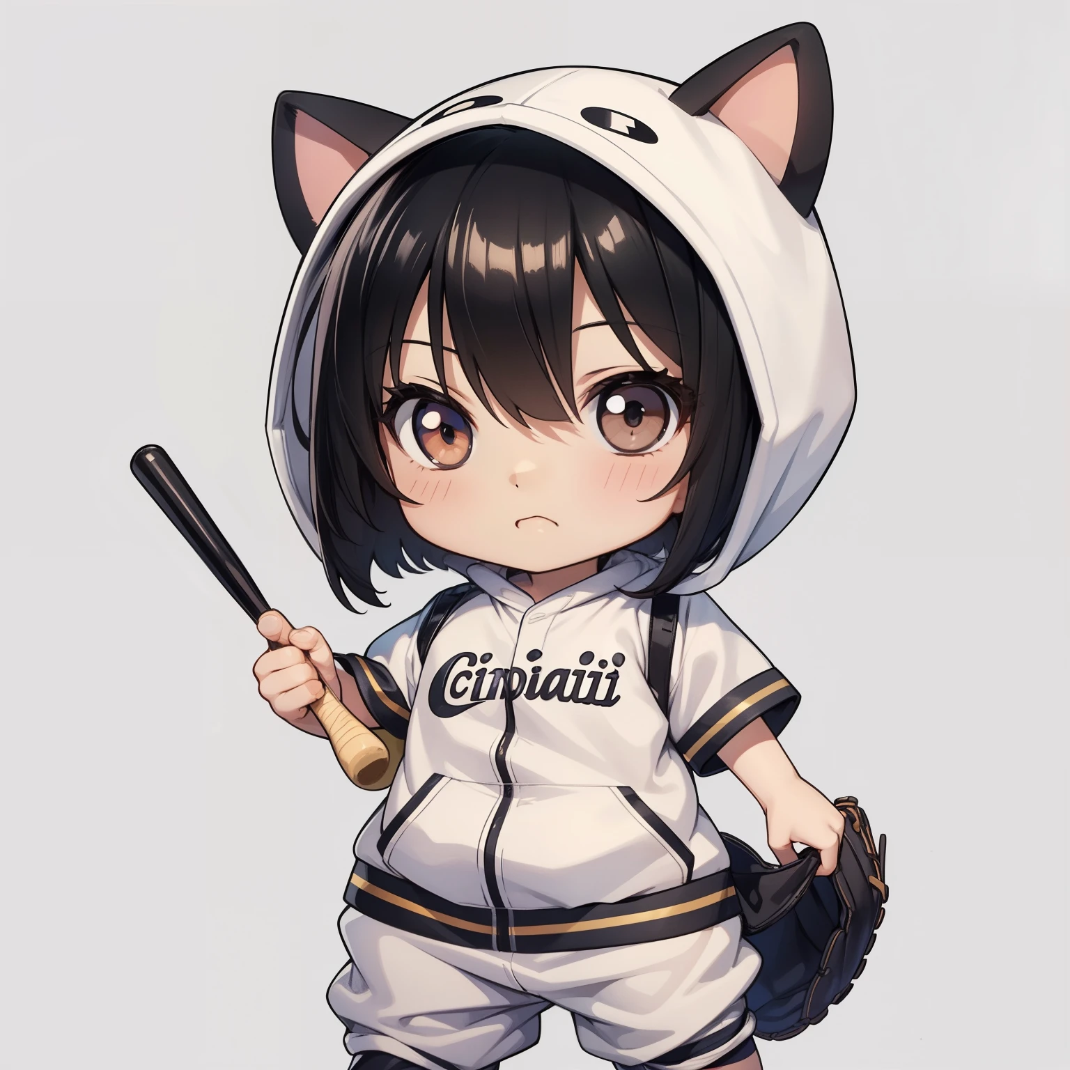 ((chibi:1.5)), (masterpiece), (best quality), high resolution, ultra detail, photorealistic, 8K
BREAK
1 girl, solo, (black hair, short bob hair, black eyes:1.2),
BREAK
female baseball player, baseball uniform, white shirt, (no ears kigurumi head:1.3), playing baseball, baseball game, baseball Ground