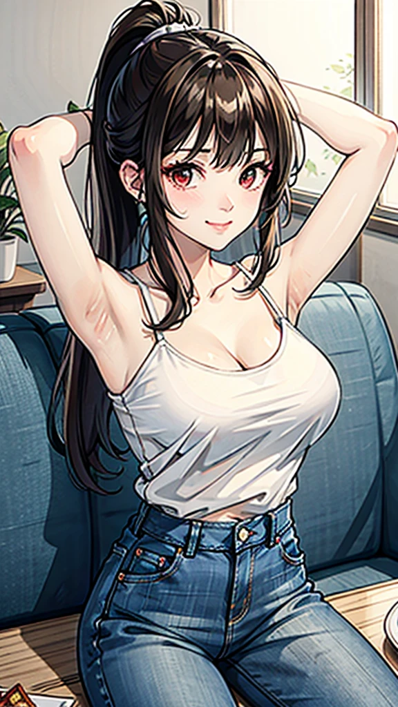 the Extremely Detailed CG Unity 8K Wallpapers，tmasterpiece，Best picture quality，1girl, mature female,solo, breasts, pants, sitting, smile, looking at viewer, armpits, denim, long hair, ponytail, collarbone, arms up, couch, brown hair, jeans, camisole, large breasts, bare shoulders, sleeveless, bangs, blush, shirt, closed mouth, white shirt, bare arms, red eyes, sleeveless shirt, blue pants, brown eyes, indoors, spaghetti strap