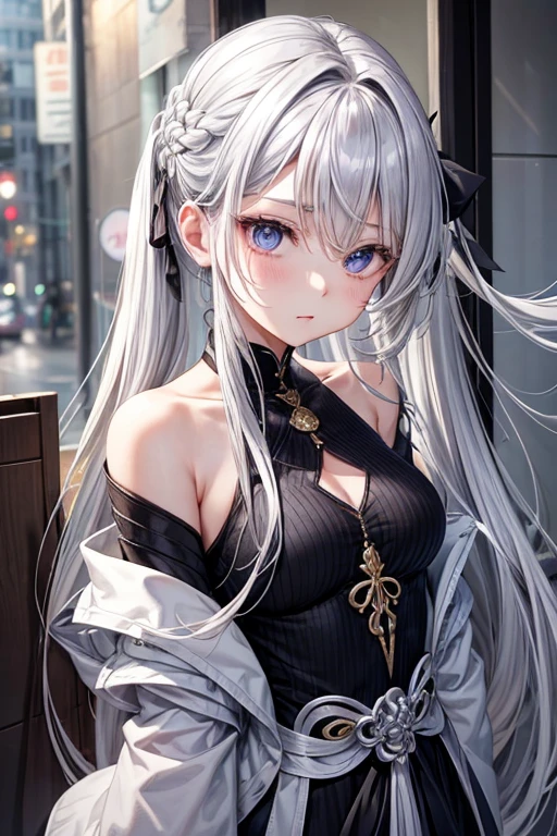 (8k, best quality, masterpiece: 1.2), one girl, headdress, portrait, (long loose silver exposed dress: 1.1), necklace, cute, cityscape, night, rain, wet, photon mapping, radiosity, physics-based rendering, (intricate details, taut clothes, hair ornaments: 1.2), silver hair