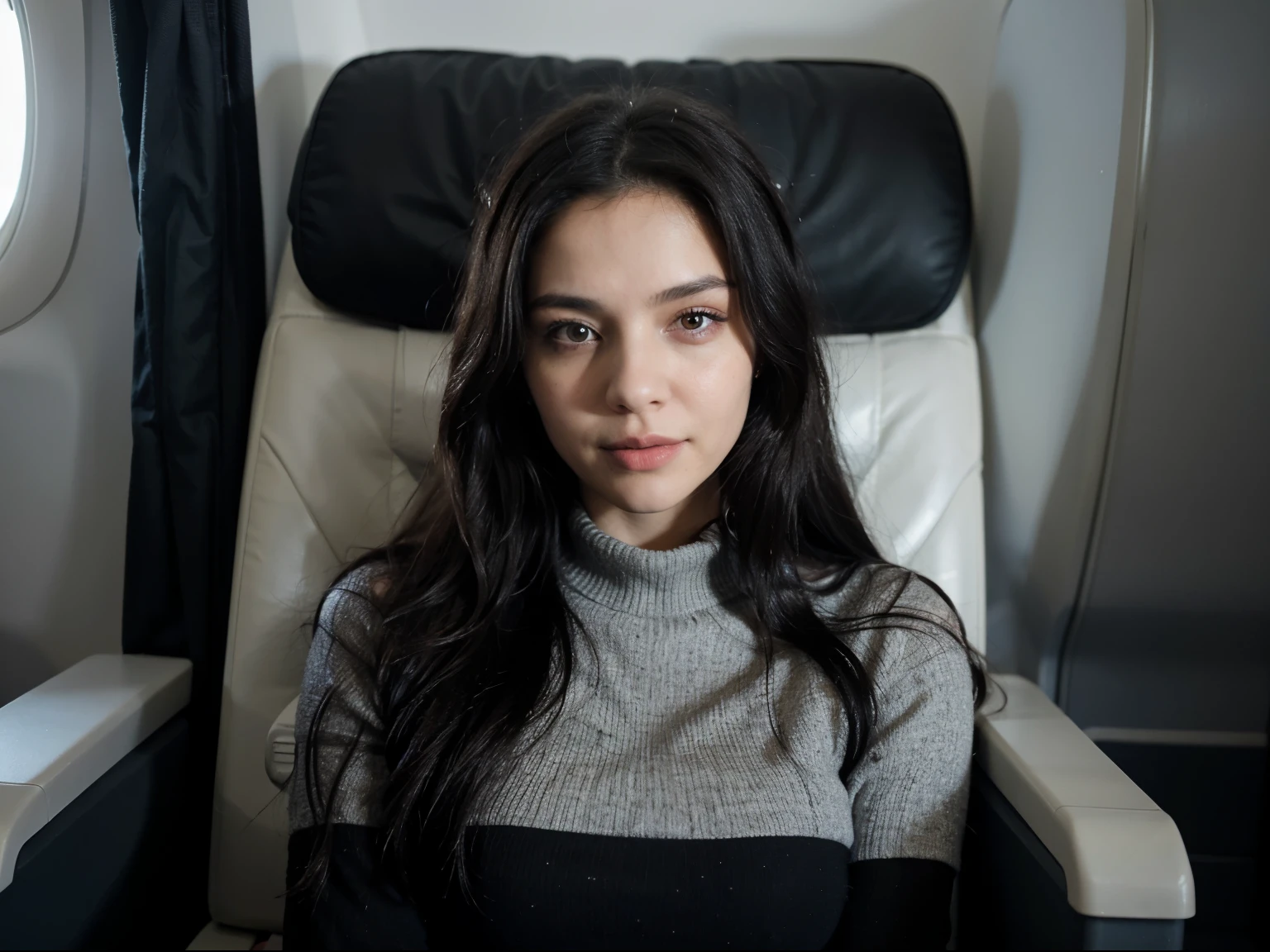 ((best quality)), ((masterpiece)), (detailed), perfect face , long black hair , waist shot , half body , winter , happy , in airplane