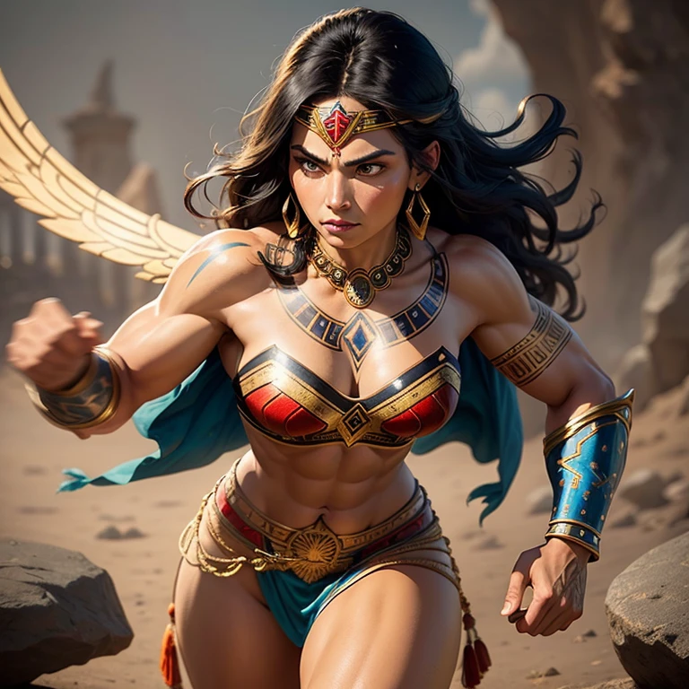 masterpiece, top quality, best quality, official art, beautiful and aesthetic: 1.5, aztec native wonder woman
striking pose, intricately detailed, vibrant colors, authentic native attire, golden accents, intricate tattoos, fierce expression, strong and muscular physique, mesoamerican art influences, rich cultural heritage, captivating, exquisitely crafted,Aztec gods symbols, feathers, jewels, stone carving, obsidian details, meticulously painted, heroic and inspiring, truly a marvel to behold.