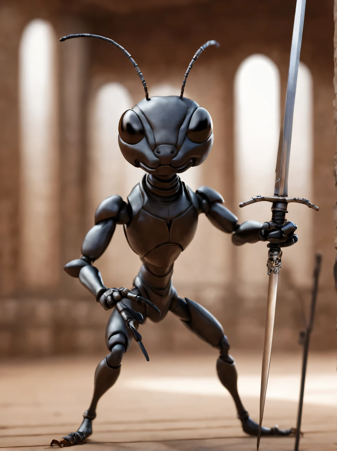 Dynamic frame, humanoid (anthropomorphic) swordsman ant, humanoidный муравей в фехтовальном зале, humanoidный муравей в стойке фехтовальщика, ant holding a sword, photorealistic, High quality, high detail, сосредоточьтесь на лице humanoidного муравья, focus in the center of the frame, blurred background
