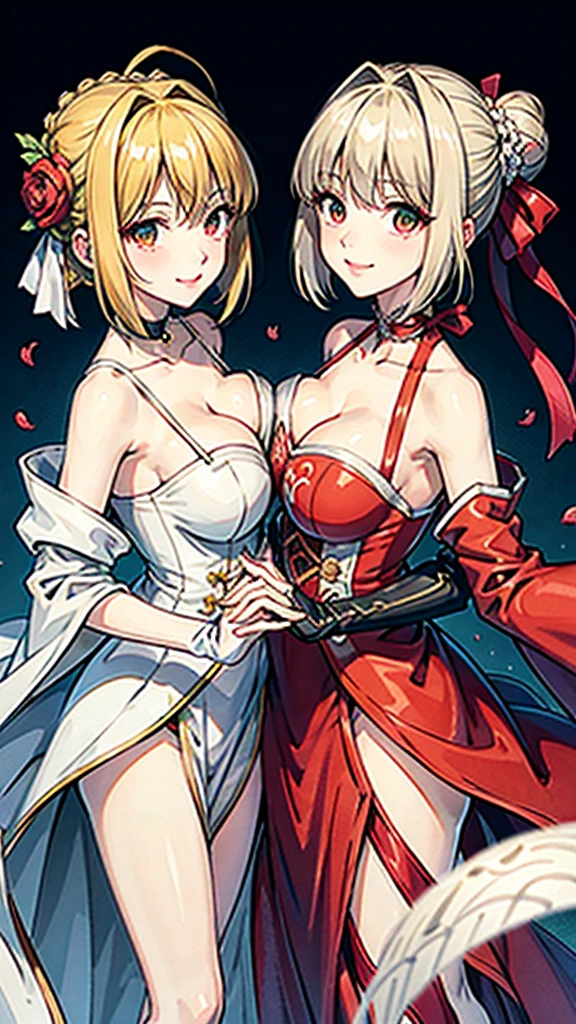 the Extremely Detailed CG Unity 8K Wallpapers，tmasterpiece，Best picture quality，arcueid brunestud, multiple girls, 2girls, breasts, blonde hair, dress, red eyes, green eyes, gloves, nero claudius (fate), ahoge, cleavage, breast press, petals, white gloves, interlocked fingers, white dress, elbow gloves, hair intakes, symmetrical docking, holding hands, artoria pendragon (fate), nero claudius (fate/extra), looking at viewer, smile, bare shoulders, short hair, saber, medium breasts, hair ornament, choker, large breasts, hair flower, collarbone, braid, crossover, flower, blush, asymmetrical docking
