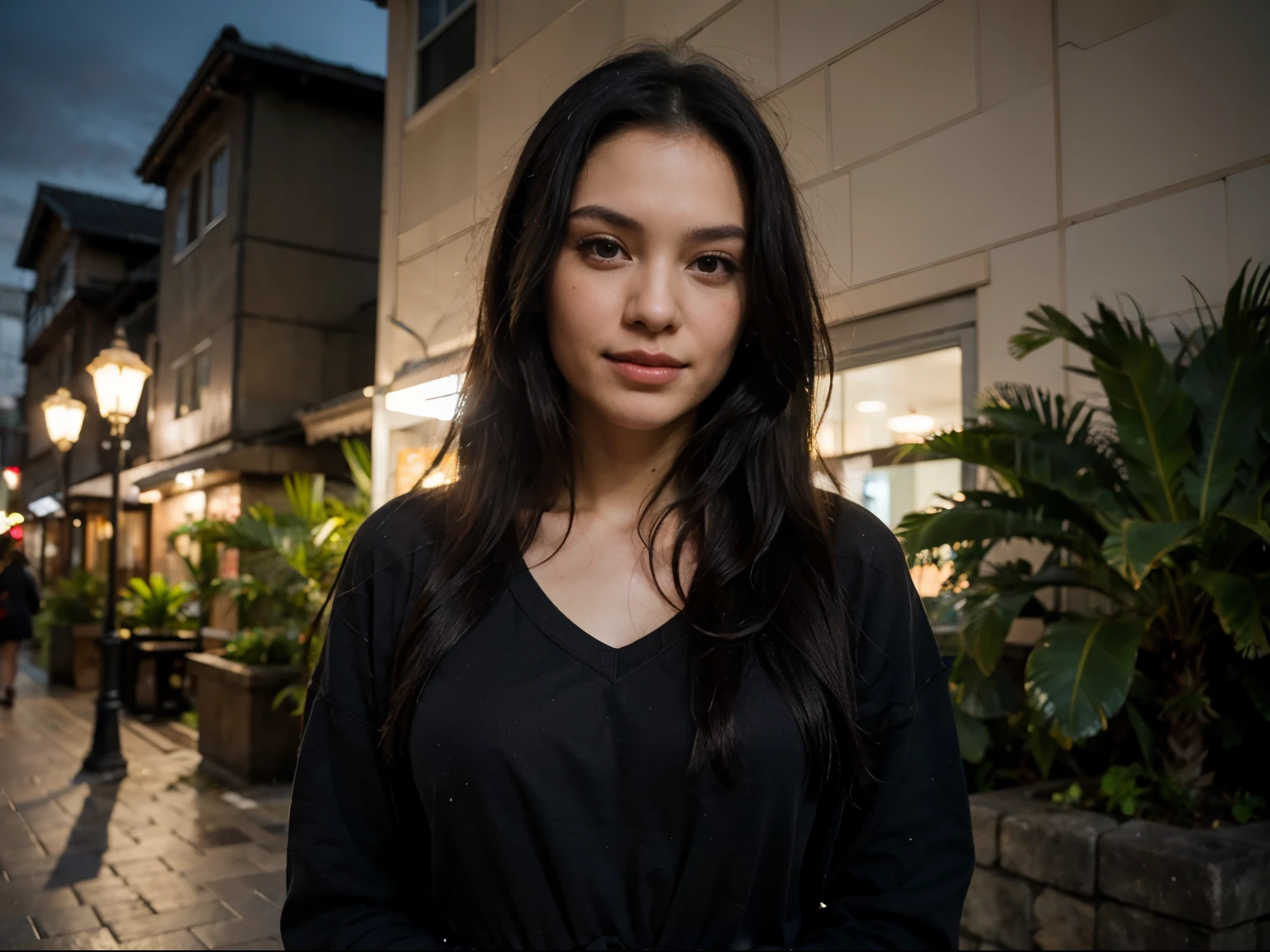 ((best quality)), ((masterpiece)), (detailed), perfect face , long black hair , waist shot , half body , winter , happy , hawaii