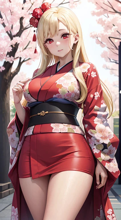 (masterpiece), best quality, expressive red eyes, perfect face, massive boobs, standing, wearing a kimono, cherry blossom trees background, flowers on her head, front facing, blonde hair, thigh legs , Marin Kitagawa