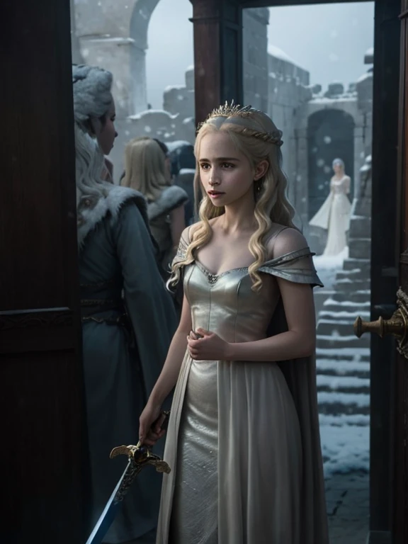 Blonde girl in white dress holding sword in dark room, Movie goddess shooting, Emilia Clarke plays the Greek goddess, Emma Watson plays blonde Aphrodite, Movie goddess full body photo, daenerys, still from a fantasy, Emma Watson plays the Snow Queen, also known as artemis selene, Kristen Bell as Greek goddess, daenerys targaryen