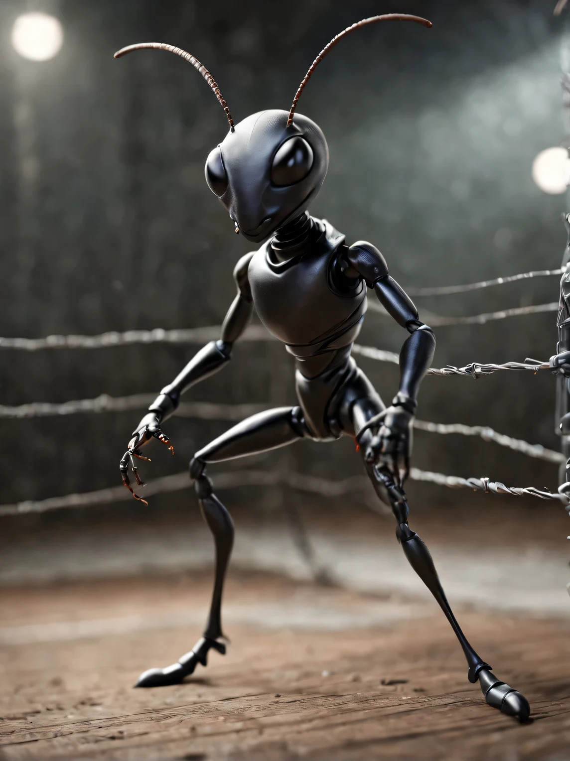 Dynamic frame, humanoid (anthropomorphic) fencing ant, humanoidный муравей в фехтовальном зале, humanoidный муравей в стойке фехтования, photorealistic, High quality, high detail, сосредоточьтесь на лице humanoidного муравья, focus in the center of the frame, blurred background