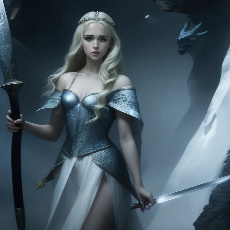 blond woman in white dress holding a sword in a dark room, cinematic goddess shot, emilia clarke as a greek goddess, emma watson as blond aphrodite, cinematic goddess body shot, daenerys, still from a fantasy movie, emma watson as the queen of ice, also known as artemis the selene, kristen bell as a greek goddess, daenerys targaryen