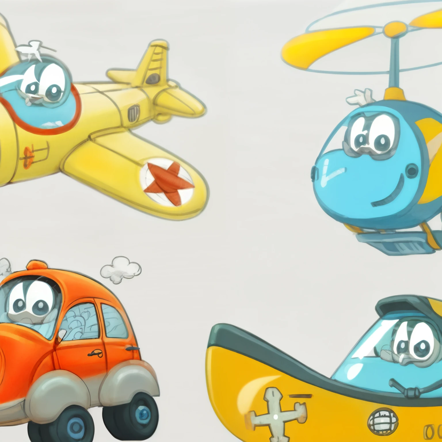 cartoon airplane and cars with faces and eyes, flying car, floating car, 飞行的airplane, cute future car, lots of 飞行car, a cartoon illustration, 飞行car, car, 浮动car, clip art, HD illustrations, flying emergency car, airplane, air vehicle, High quality cartoon, animated cartoon series, alaskatoon