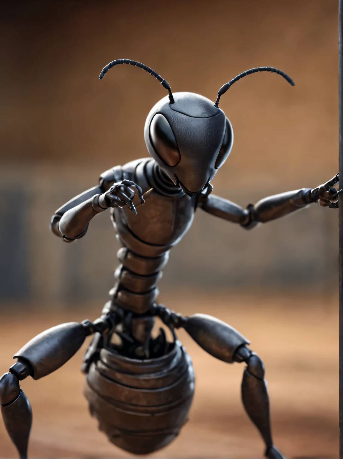 Dynamic frame, humanoid (anthropomorphic) fencing ant, humanoidный муравей в фехтовальном зале, humanoidный муравей в стойке фехтования, photorealistic, High quality, high detail, сосредоточьтесь на лице humanoidного муравья, focus in the center of the frame, blurred background