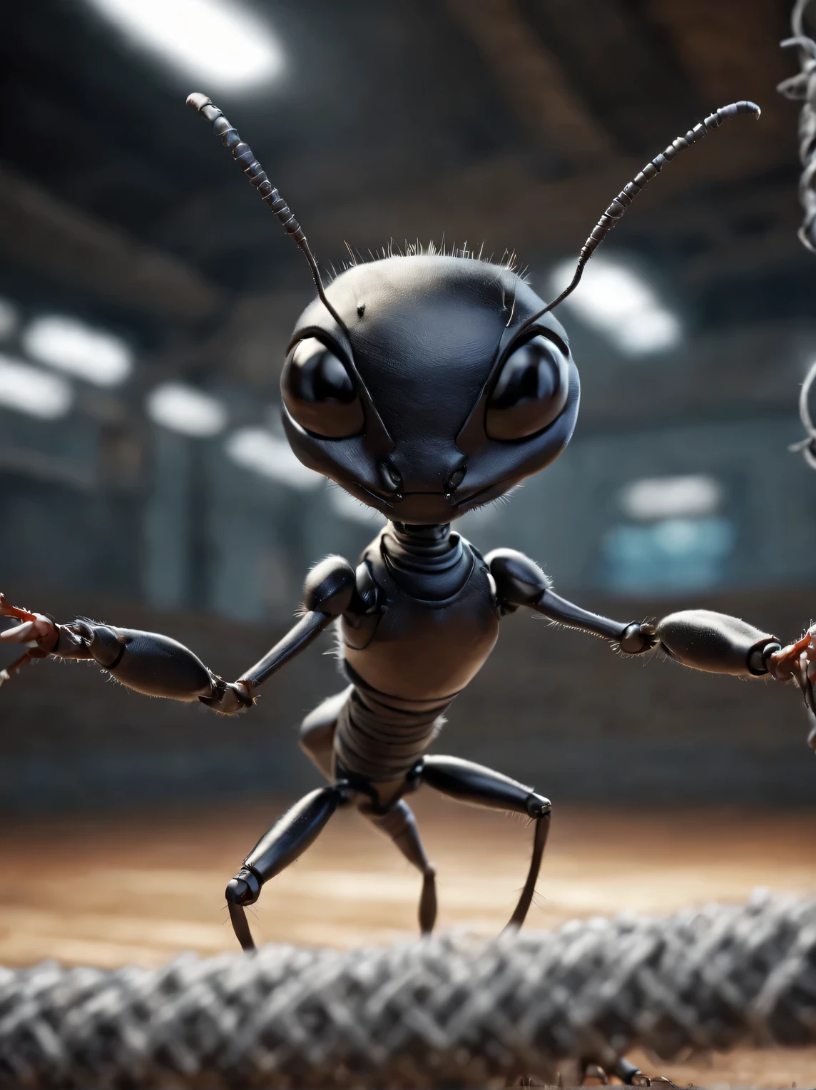 Dynamic frame, humanoid (anthropomorphic) fencing ant, humanoidный муравей в фехтовальном зале, humanoidный муравей в стойке фехтования, photorealistic, High quality, high detail, сосредоточьтесь на лице humanoidного муравья, focus in the center of the frame, blurred background