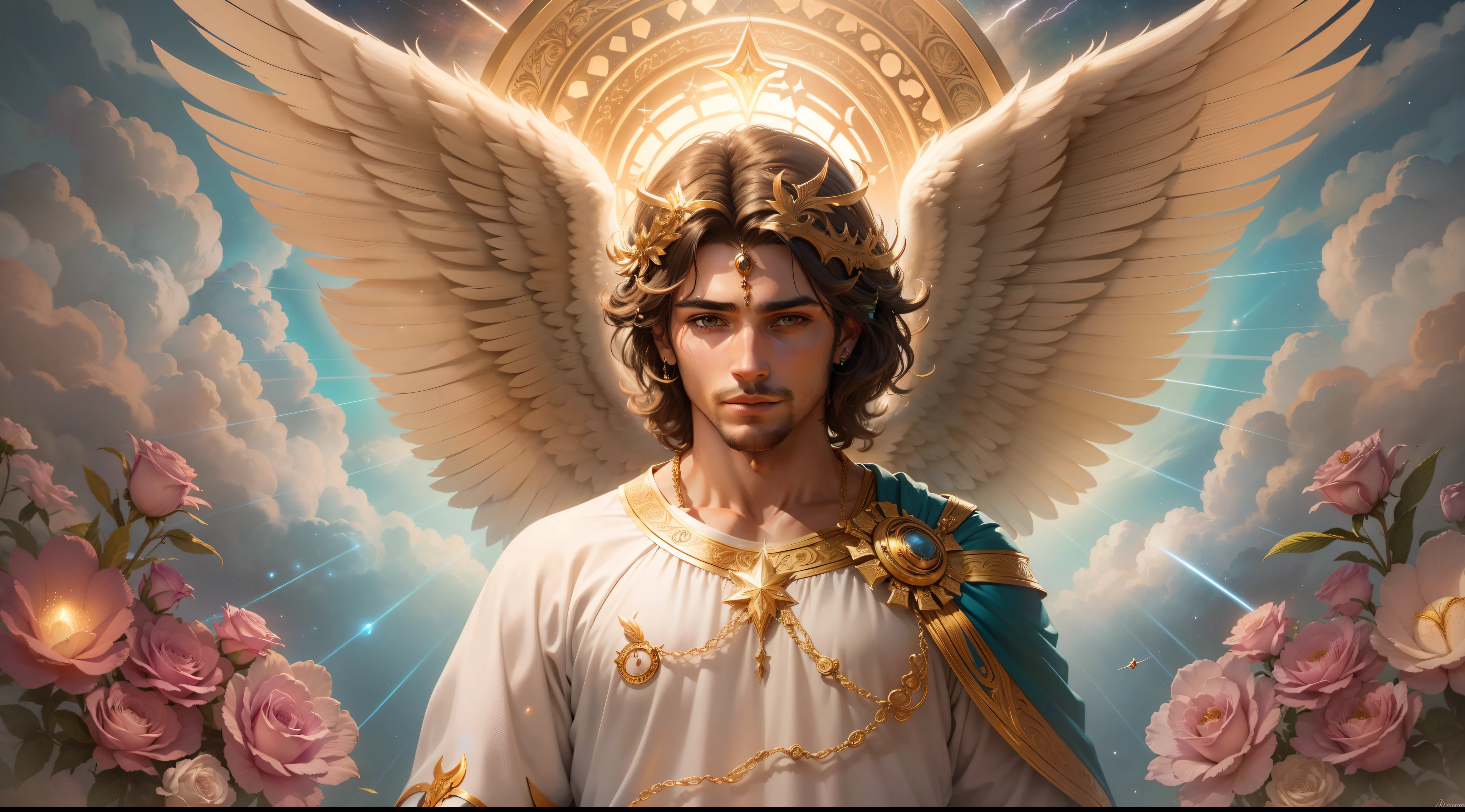 um personagem masculino bonito meia idade, o arcanjo Miguel, imagem celestial, detalhes intricados, realista, asas ROSAS e grandes, fundo angelical, Catholic illustrative image of the archangel Michael, Male character of the Bible, Michael is wearing his angelic armor, cosmic background, Illumination in the Archangel and in the background, imagem do corpo todo do anjo, Maximum detail and his angelic face and wings, pele perfeita realista, Maximum image quality, Miguel ele esta destacado na imagem com cores fortes e chamativas, asas grandes