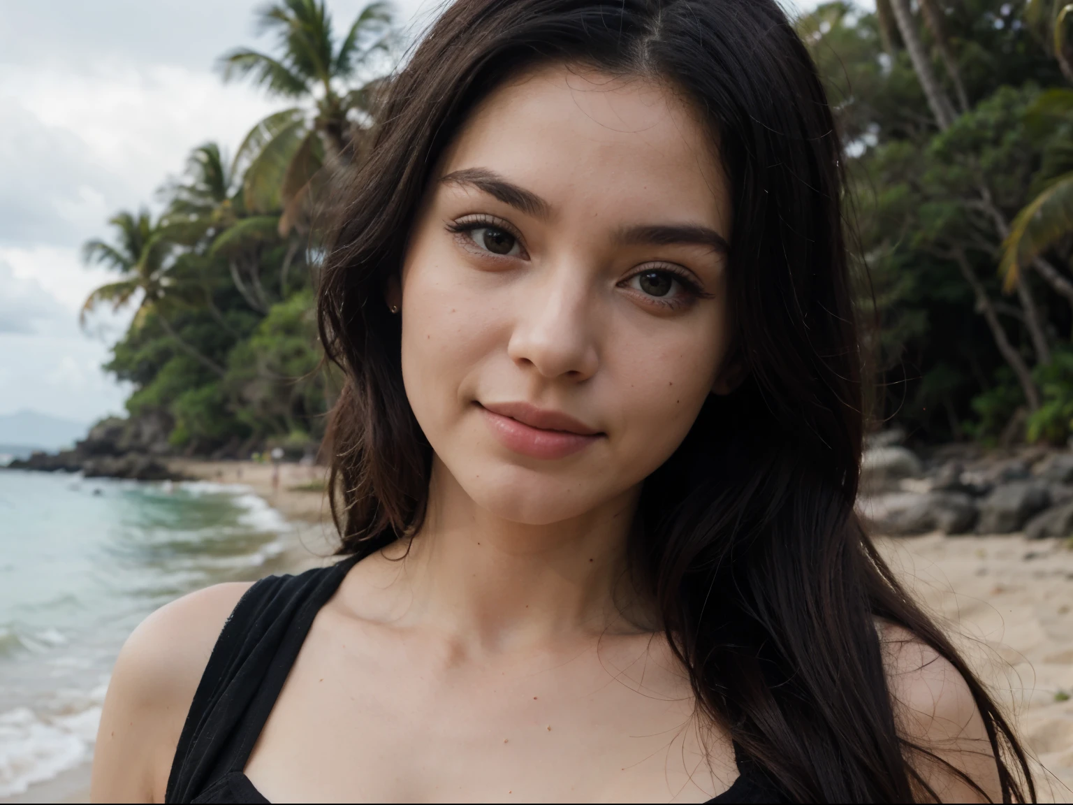 ((best quality)), ((masterpiece)), (detailed), perfect face , long black hair , waist shot , half body , winter , happy , hawaii beach