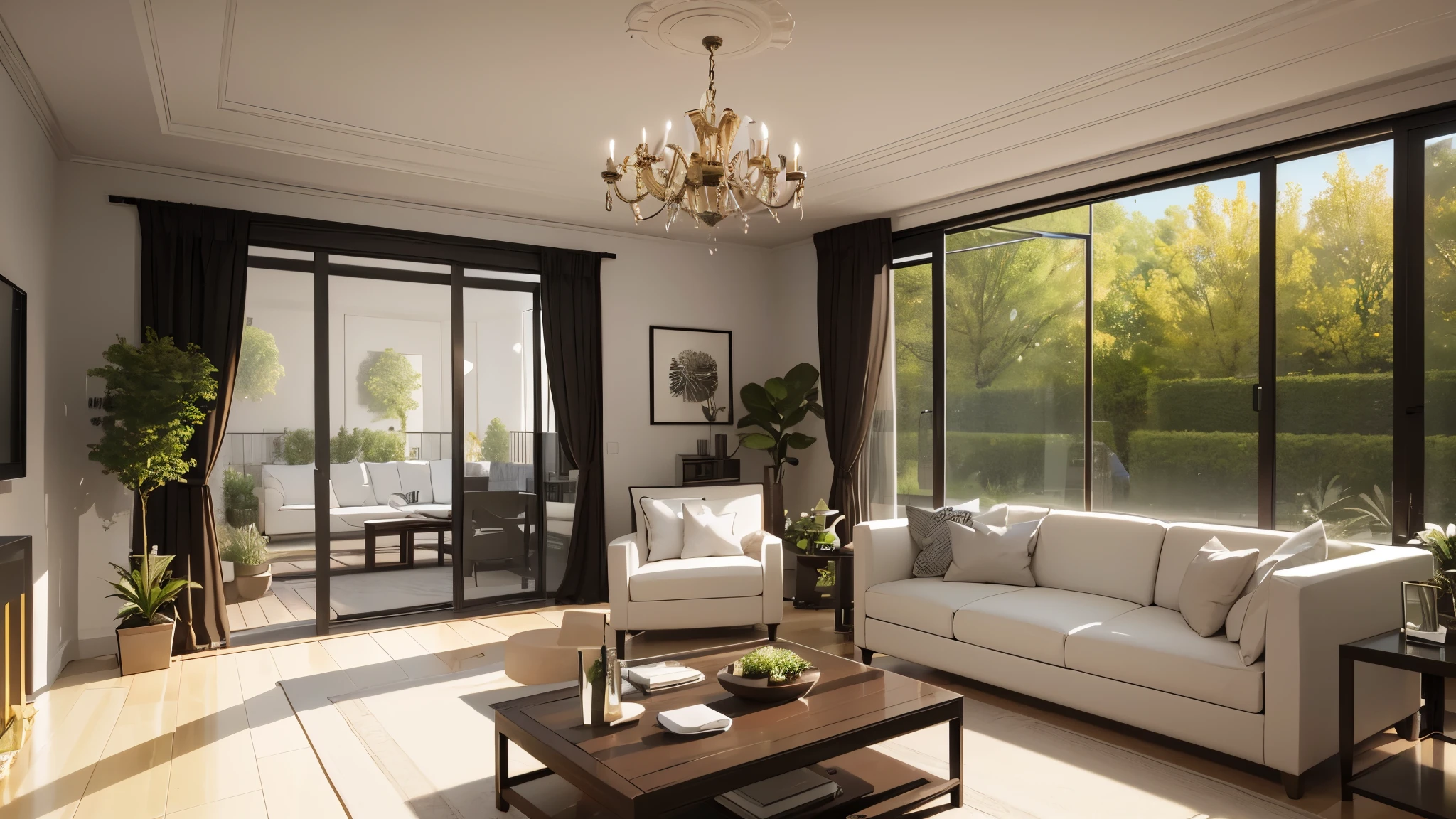 You are a famous interior designer、You have been asked to create a 3D image of a modern large room. Create a harmonious environment with modern and minimalist furniture. Including garden interior.