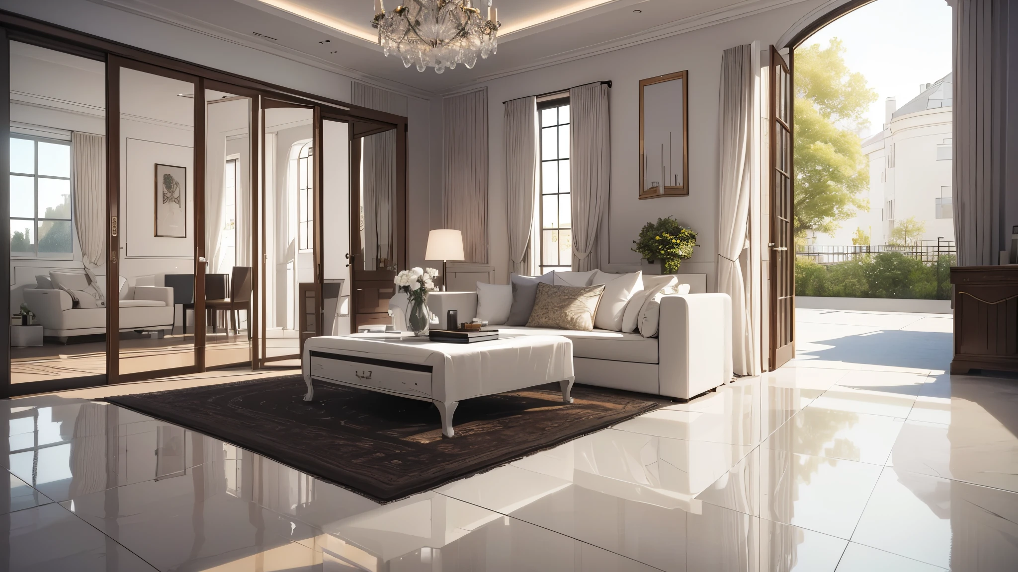 You are a famous interior designer、You have been asked to create a 3D image of a modern large room. Create a harmonious environment with modern and minimalist furniture. Including garden interior.