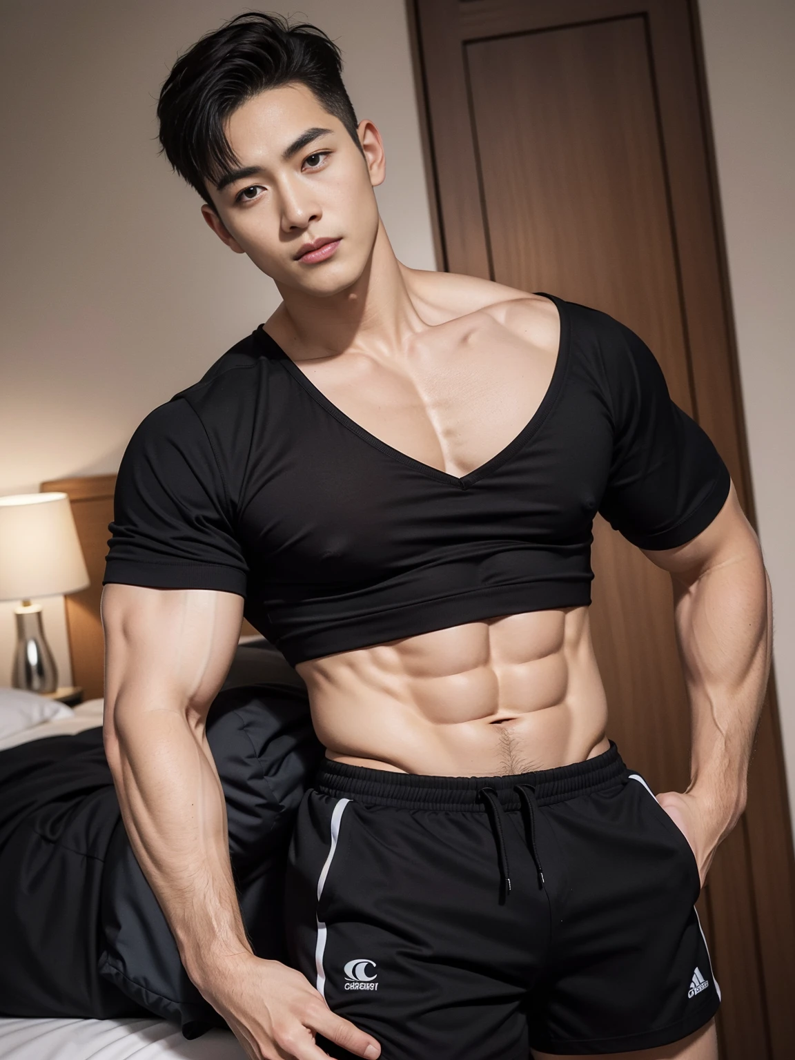 masterpiece, (Handsome boy), Thick arms, gray eyes, alone, (huge pecs), abdominal muscles, shorts, (sleeveless black shirt), in bedroom, rainbow 5, dark skinned male