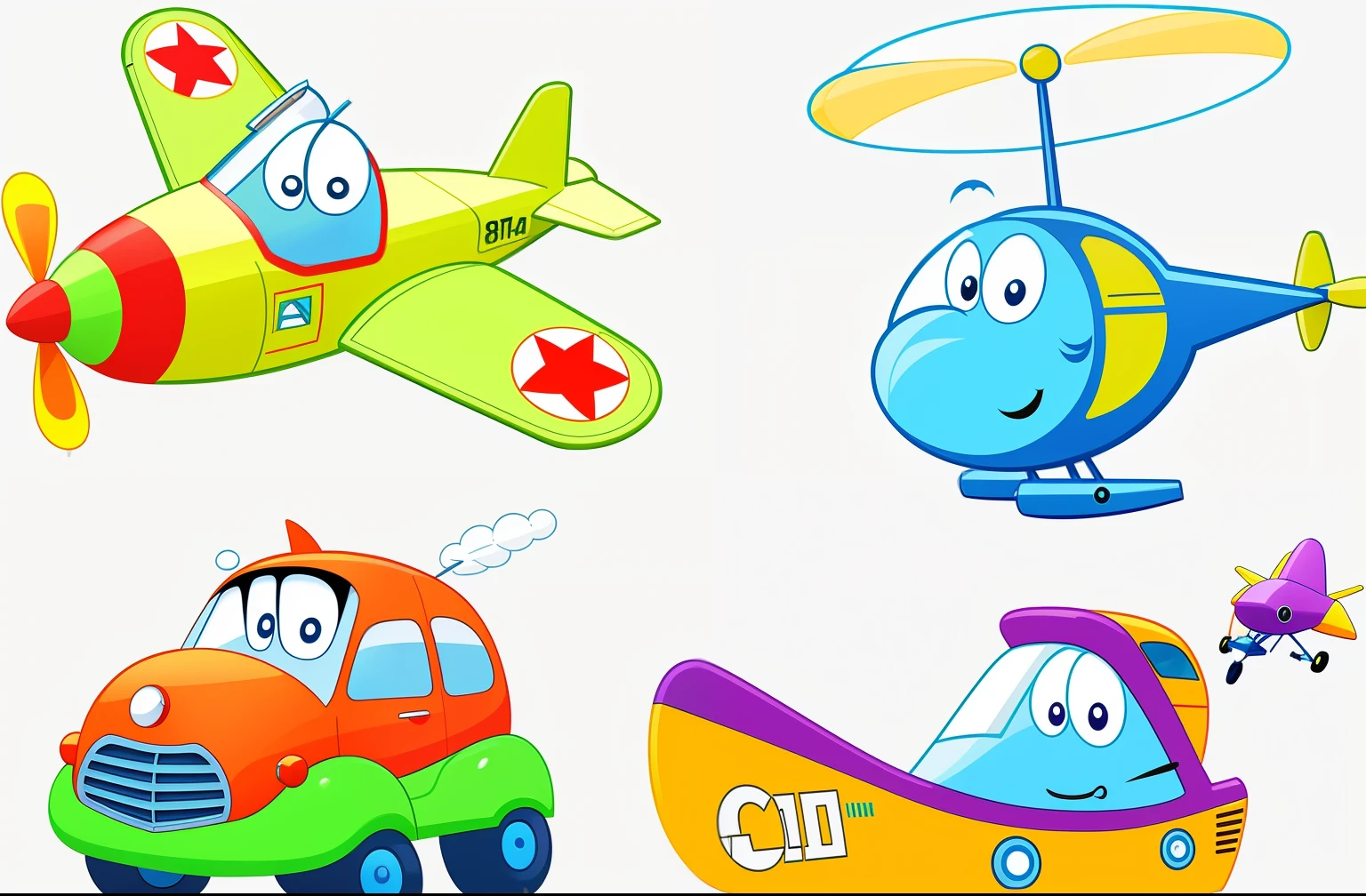 cartoon airplane and cars with faces and eyes, flying car, floating car, 飞行的airplane, cute future car, lots of 飞行car, a cartoon illustration, 飞行car, car, 浮动car, clip art, HD illustrations, flying emergency car, airplane, air vehicle, High quality cartoon, animated cartoon series,Change all colors