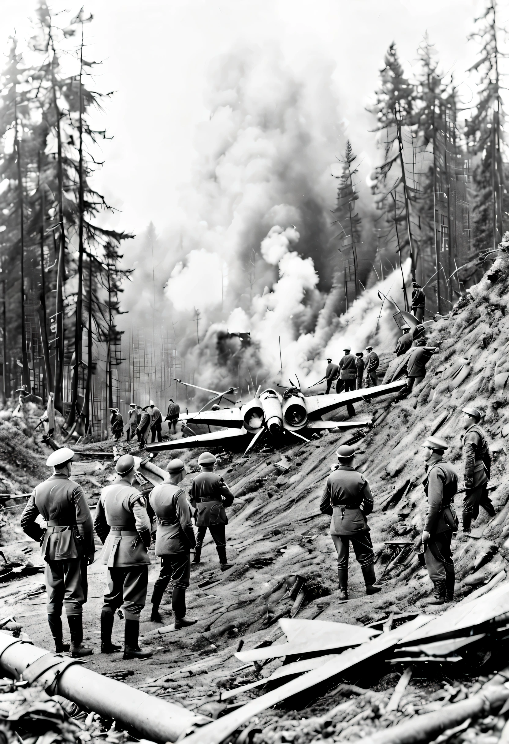 A historical black and white photograph around 1940 shows several men in uniform look at the crash site of an 5 meter high and 20 meter long x-wing, man with a mustache, Germany of the Second World War, black and white photography, historical photography, 32 mm, ultra-realistic