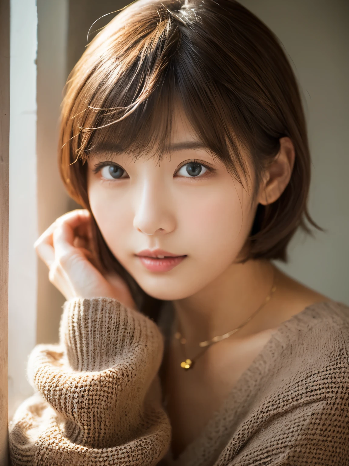 ((masutepiece,top-quality)), (photographrealistic:1.4),((masutepiece,8K))、white wall、(white room)、((full body photo))、shot in natural light、Highly detailed face and skin texture、highly detailed lips、correct state of the human body、Super high resolution、(Photoreal:1.4)、top quality, 1 beautiful woman, 28 years old, s, 250mm lens、Light yellow Knit、(Dark brown medium shorthair)、Japanese woman、(dark brown hair)、Versatile poses、looking at the camera、natural color lip、Winter clothes、 necklace、屋内