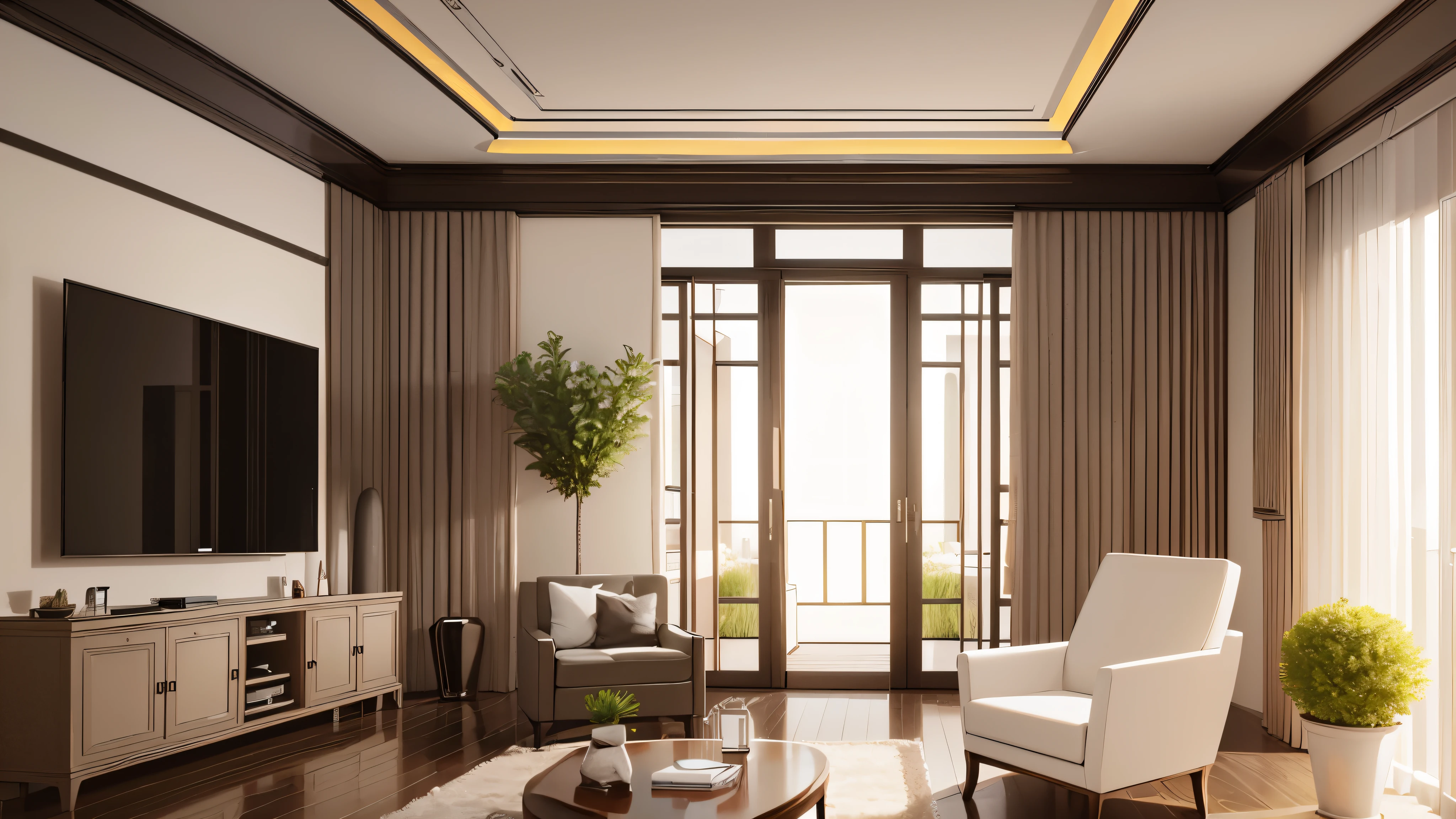 You are a famous interior designer、You have been asked to create a 3D image of a modern large room. Create a harmonious environment with modern and minimalist furniture. Including garden interior.