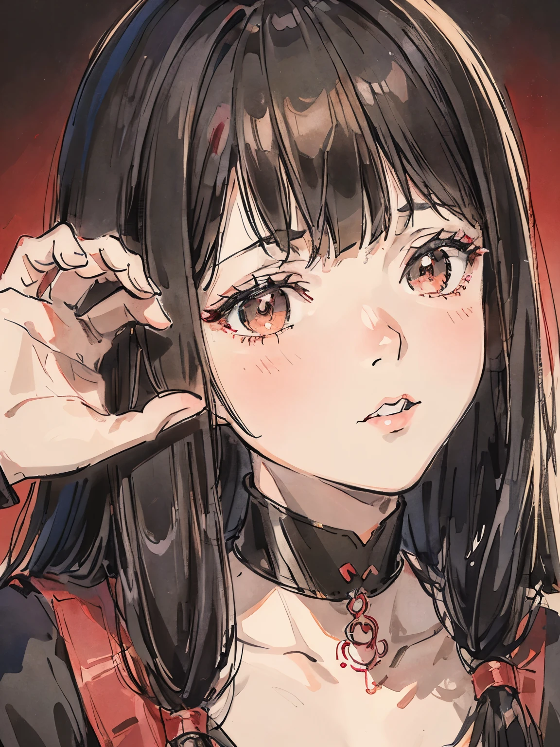 Girl with black hair and red innerwear、close up of face、hand drawn、delicate、black clothes、choker、pure white background、tilt your face slightly