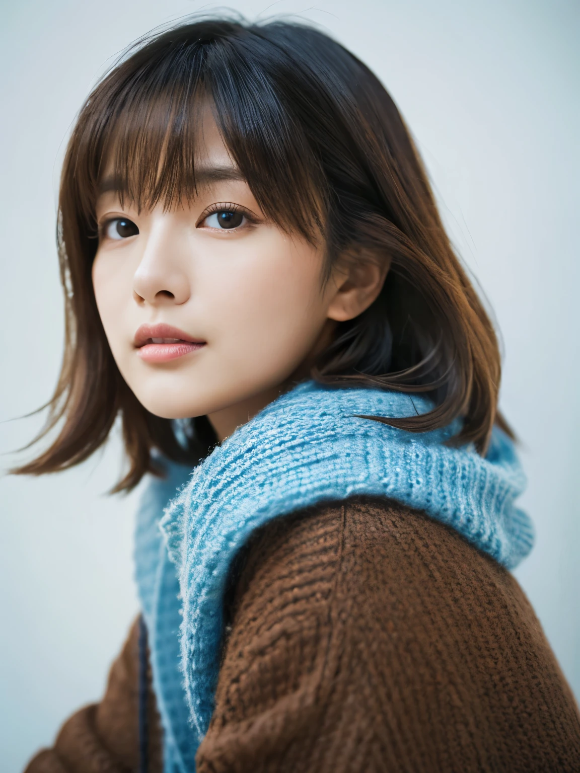 ((masutepiece,top-quality)), (photographrealistic:1.4),((masutepiece,8K))、white wall、(white room)、((full body photo))、shot in natural light、Highly detailed face and skin texture、highly detailed lips、correct state of the human body、Super high resolution、(Photoreal:1.4)、top quality, 1 beautiful woman, 28 years old, s, 250mm lens、Light Blue Knit、(Dark brown medium shorthair)、Japanese woman with bob、(dark brown hair)、Versatile poses、looking at the camera、natural color lip、Winter clothes、 necklace、