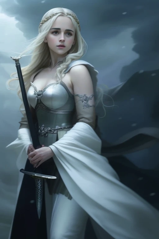 Blonde girl in white dress holding sword in dark room, Movie goddess shooting, Emilia Clarke plays the Greek goddess, Emma Watson plays blonde Aphrodite, Movie goddess full body photo, daenerys, still from a fantasy, Emma Watson plays the Snow Queen, also known as artemis selene, Kristen Bell as Greek goddess, daenerys targaryen