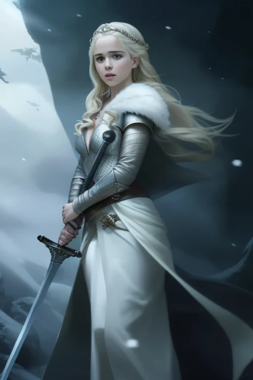 Blonde girl in white dress holding sword in dark room, Movie goddess shooting, Emilia Clarke plays the Greek goddess, Emma Watson plays blonde Aphrodite, Movie goddess full body photo, daenerys, still from a fantasy, Emma Watson plays the Snow Queen, also known as artemis selene, Kristen Bell as Greek goddess, daenerys targaryen