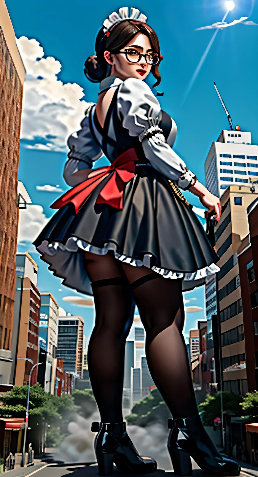 Giantの芸術, 非常に詳細なGiantショット, Giant, short hair, black pantyhose, A maid that is much bigger than a skyscraper, wearing rimless glasses, big breasts, big ass, navy maid uniform, black pantyhose, black shoes, very small metropolis, miniature metropolis, full body description, ＧＴＳ, ギガGiant, Stomping City, crash city, Small town, micro city, maid, 