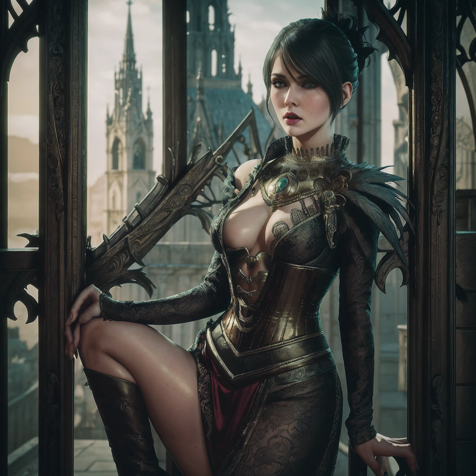Masterpiece, Morrigan from Dragon Age in the night, 1 girl,, she is leaning over the castle balcony railing, in the night, side view, sexy pose, she is looking provocatively at the viewer, high detail plunging revealing sexy gothic corset, castle background, intricately detailed background, (UHD, 8K wallpaper, High resolution), Cinematic lighting, award-winning, extremely detailed skin, extra detailed face, high detail eyes, photo-realistic, Zeiss 85 mm F/1.4, by Ellen von Unwerth