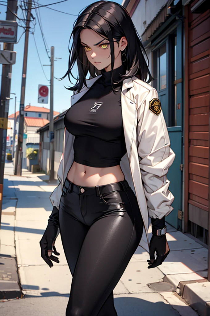 perfect anatomy girl muscular girl toned body girl large breasts girl thick girl angry girl best quality girl black hair girl yellow eyes girl pale girl pale girl,linda mulher morena, musculosa , usando short legging withe, meia calça preta, cabelo curto, belos olhos, olhos lindos, amarelos, camisa branca, jaqueta de couro preta, shorts, short legging white, cidade beco escuro pantyhose black