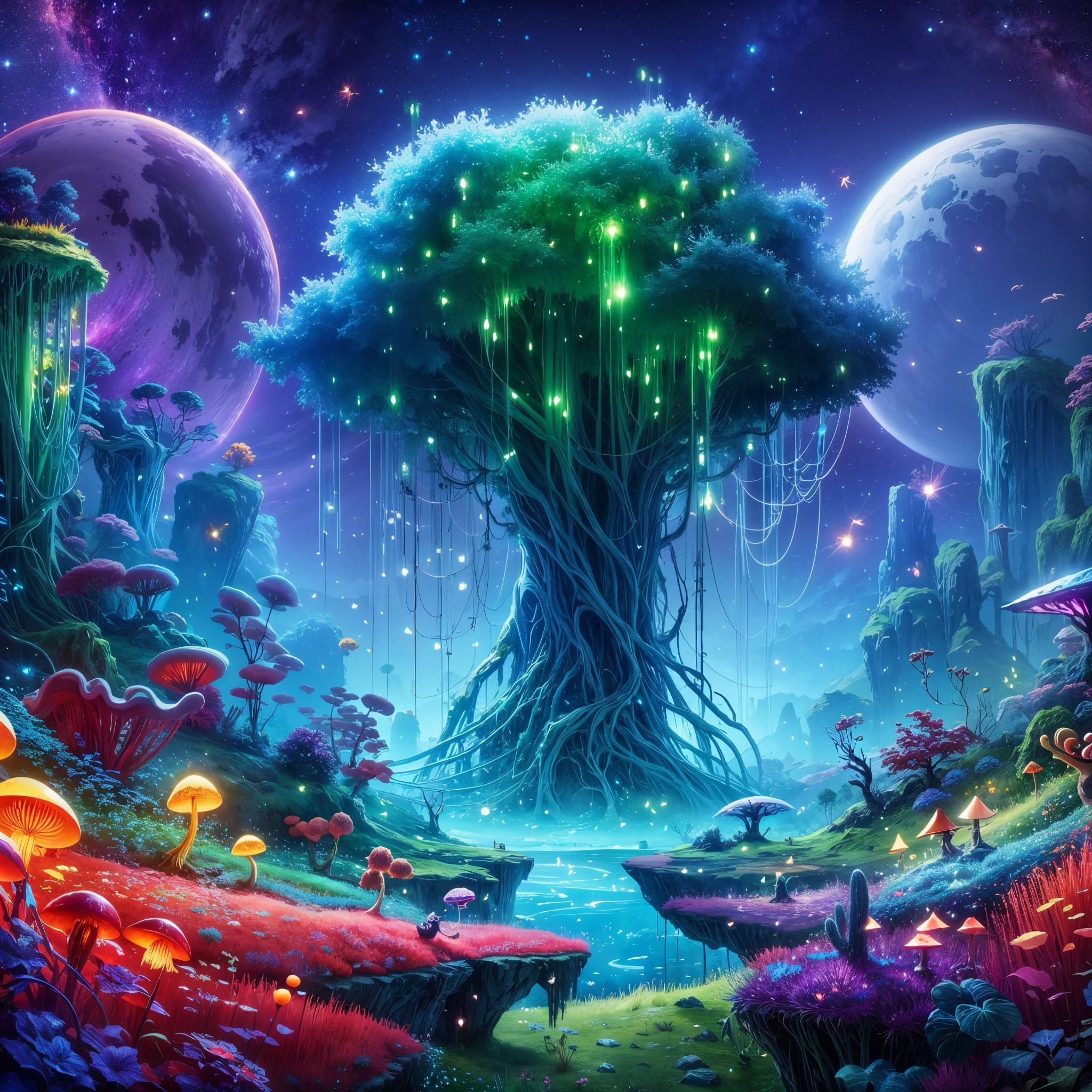 Ori and the blind forest game style,ultra-detailed, alien landscape, strange-looking trees, vibrant red grass, blue cactus,green aurora, (floating jellyfish),orange starry sky, falling star,natural giant piercing crystal pillar,ethereal blue leaves, giant and yellow bioluminescent mushrooms, a captivating  lava line, unique hybrid flowers, two radiant suns, and mesmerizing red fireflies.