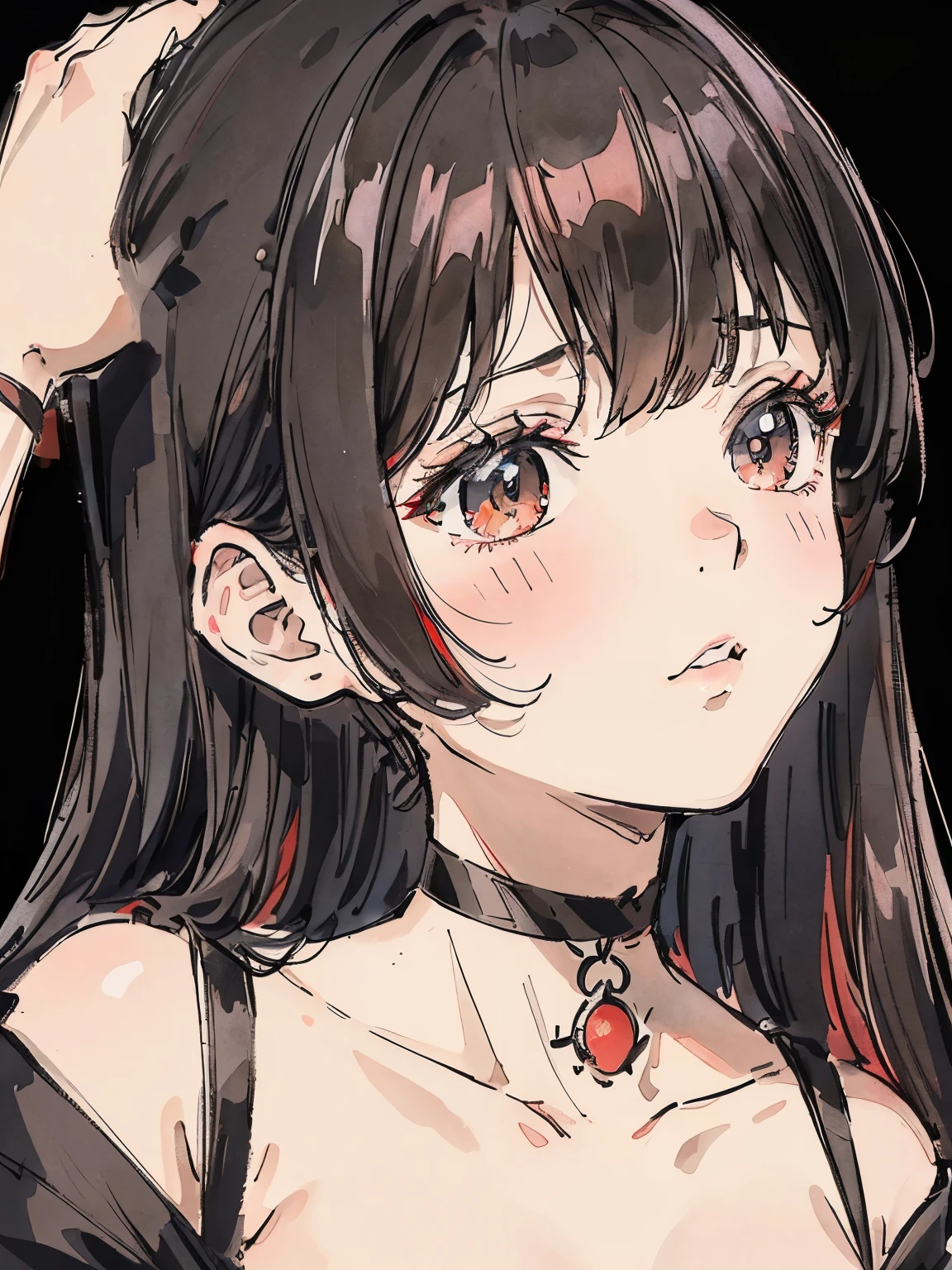 black and red hair girl、close up of face、hand drawn、delicate、black clothes、choker、pure white background、tilt your face slightly