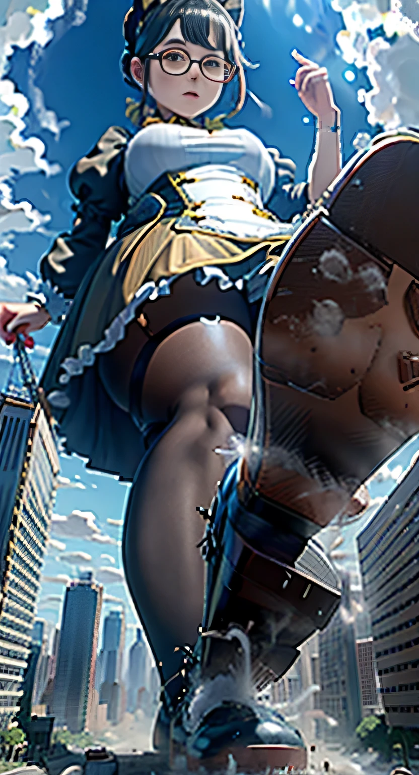 Giantの芸術, 非常に詳細なGiantショット, Giant, short hair, black pantyhose, A maid that is much bigger than a skyscraper, wearing rimless glasses, big breasts, big ass, navy maid uniform, black pantyhose, black shoes, very small metropolis, miniature metropolis, full body description, GTS, ギガGiant, Stomping City, crash city, Small town, micro city, maid,