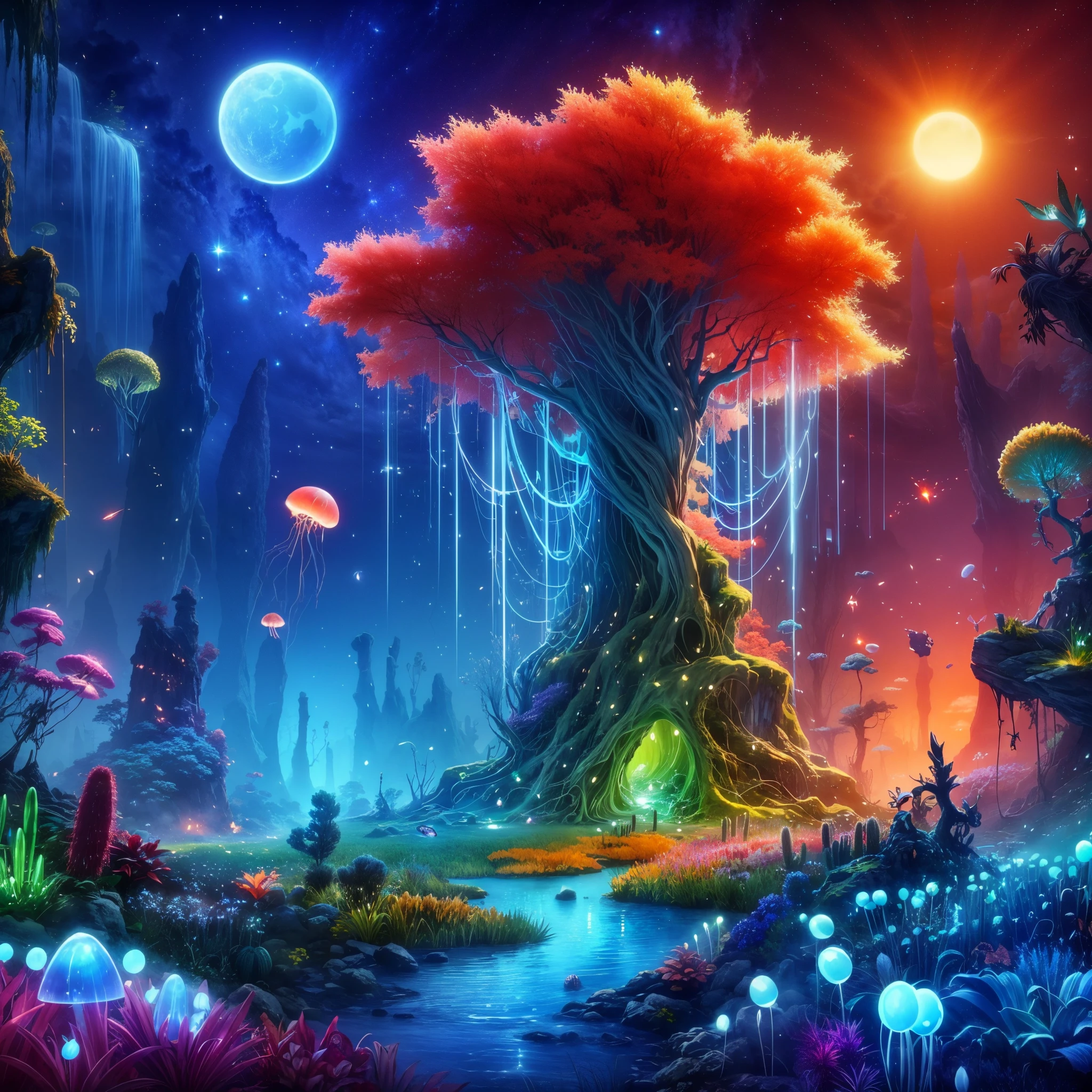 Ori and the blind forest game style,ultra-detailed, alien landscape, strange-looking trees, vibrant red grass, blue cactus,green aurora, floating jellyfish,orange starry sky, natural giant piercing crystal pillar,ethereal blue leaves, giant and yellow bioluminescent mushrooms, a captivating  lava line, unique hybrid flowers, two radiant suns, and mesmerizing red fireflies 