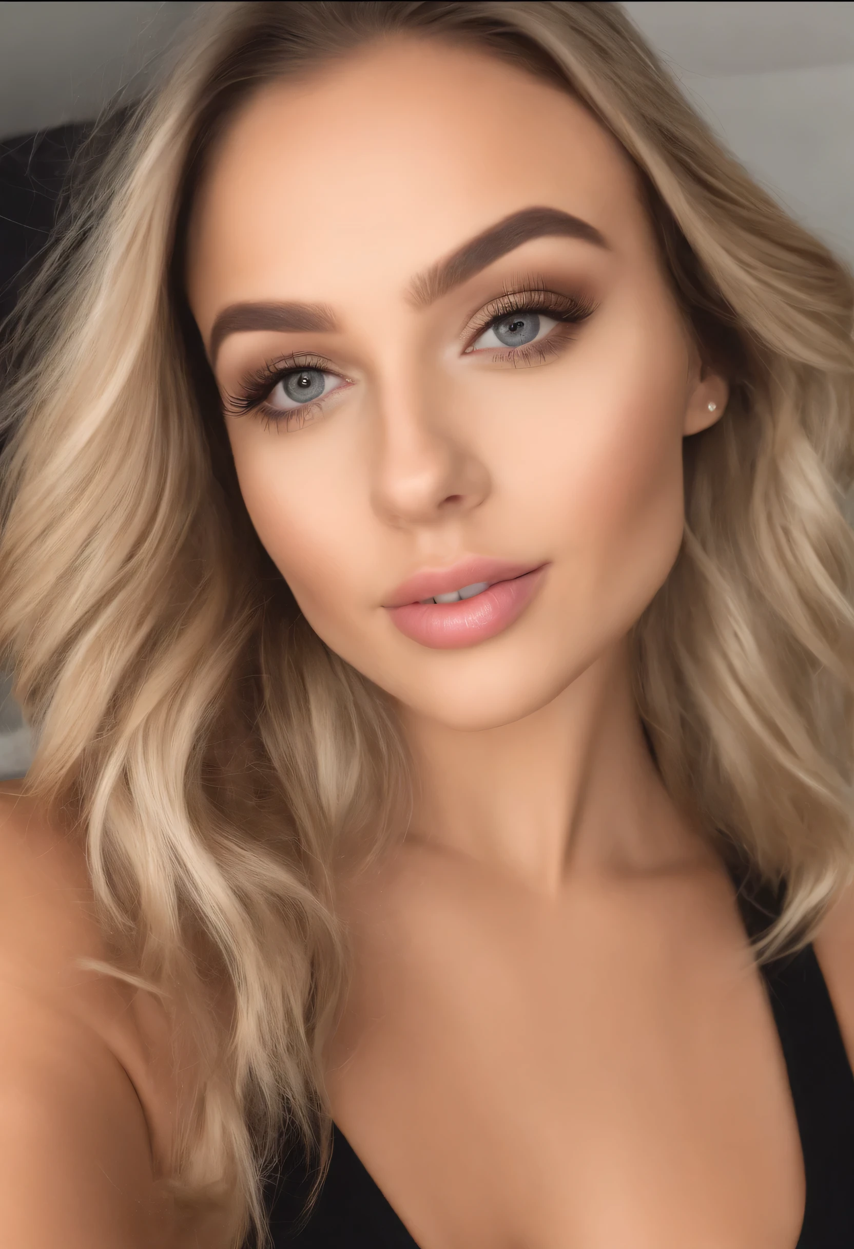 Arafed woman with matching tank top and panties, Sexy girl with brown eyes, portrait sophie mudd, blonde hair and large eyes, Selfie einer jungen Frau, Augen im Schlafzimmer, Violet Myers, ohne Make-up, Natural makeup, Blick direkt in die Kamera, Gesicht mit Artgram, dezentes Make-up, Stunning full body shot, im Schlafzimmer, Spaltung