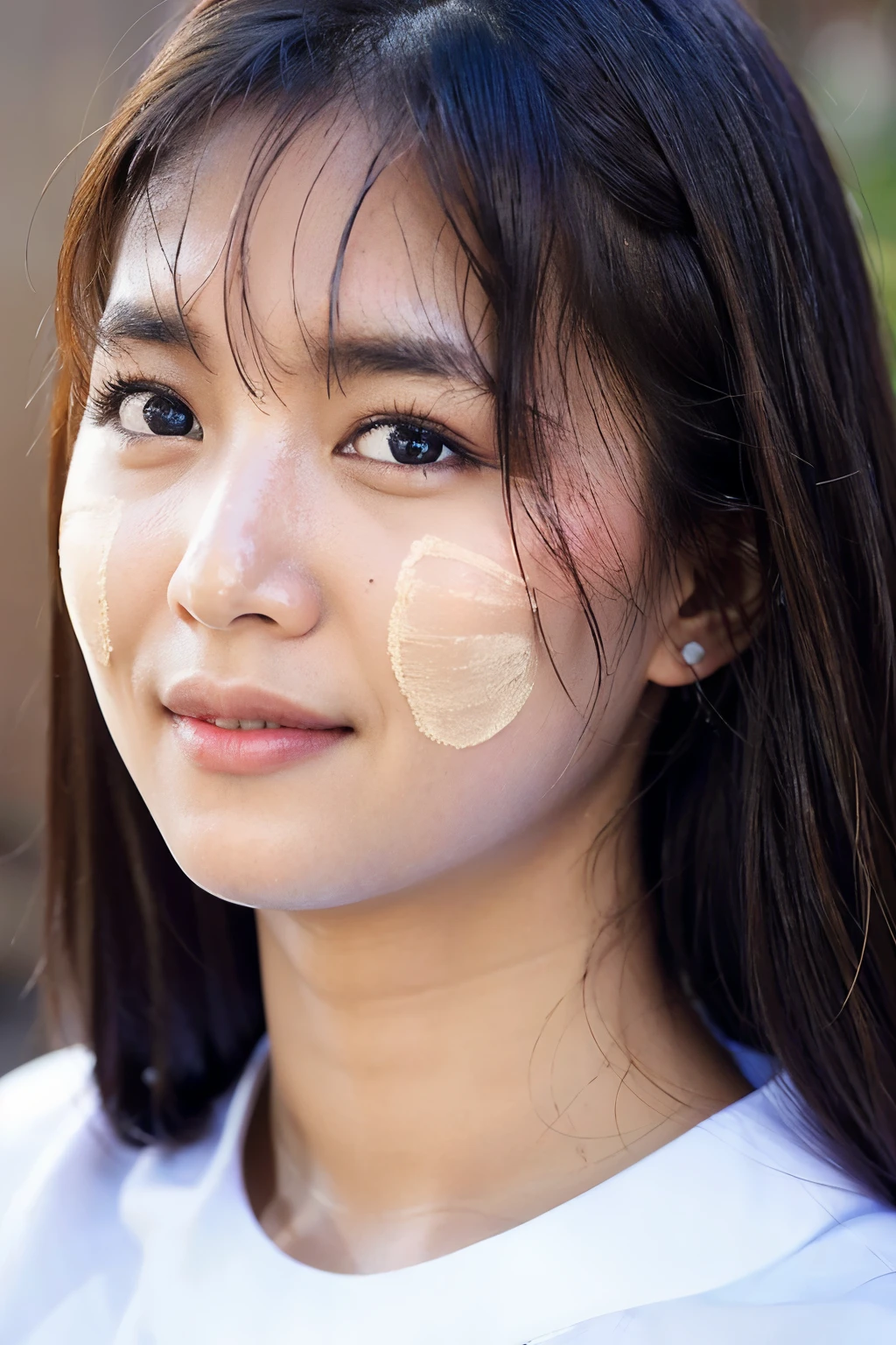 (masterpiece, best quality:1.2), RAW photo, (realistic, photorealistic:1.2), (8K, highres, ultra detailed:1.3), 1girl, perfect anatomy, (focus on face, looking at viewer), (28 years old Korean beauty, K-pop idol), (realistic detailed eyelashes, realistic beautiful brown eyes, realistic glossy skin, realistic detailed beautiful handsome face:1.2), (slender, small breasts), (realistic cinematic lighting, detailed shadowing:1.2), (acmm thanaka apply on face, acmm thanaka makeup)