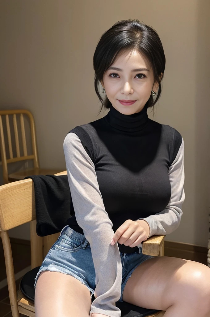 (masterpiece, highest quality), japanese mature, (alone), 60 years old, (wrinkles around the eyes:1.45), big breasts, mature woman, Glamour, Sexy, pure white skin, looking at the viewer、super big breasts、long hair、small diamond necklace、earrings、(((detailed black turtleneck, jean shorts)))、high heels、smile、Public place、cross your legs、sit on a chair、full body photo、