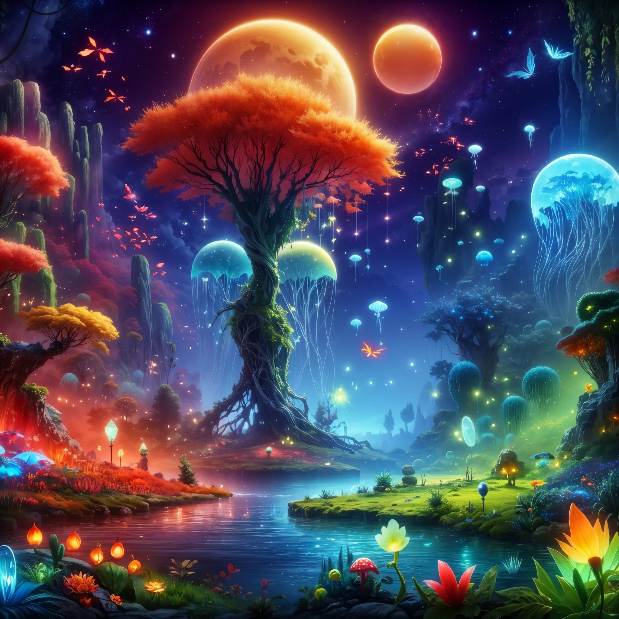 Ori and the blind forest game style,ultra-detailed, alien landscape, strange-looking trees, vibrant red grass, blue cactus,green aurora, floating jellyfish,orange starry sky, natural giant piercing crystal pillar,ethereal blue leaves, giant and yellow bioluminescent mushrooms, a captivating  lava line, unique hybrid flowers, two radiant suns, and mesmerizing red fireflies 