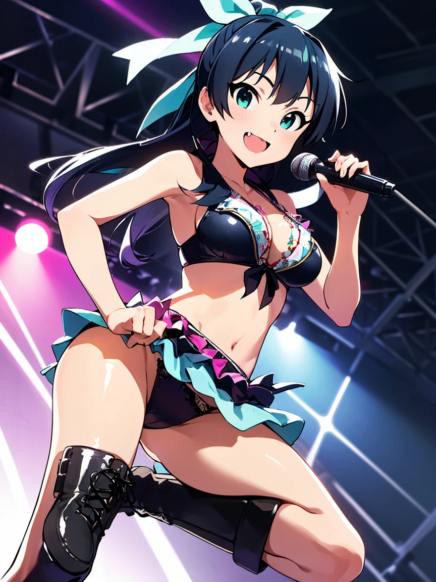 ((highest quality, 8K, Idol Master: 1.3, RAW photo)), sharp focus 1.1),Namco Pro,Hibiki Ganaha.beautiful face, ((fang))highly detailed face, ((turquoise eyes)),black hair ponytail,big ribbon,((tanned skin))A big smile (Light blue idol costume 1.5), live concert,Lots of spotlights (show panties:1.1), from the front, idol boots,whole body